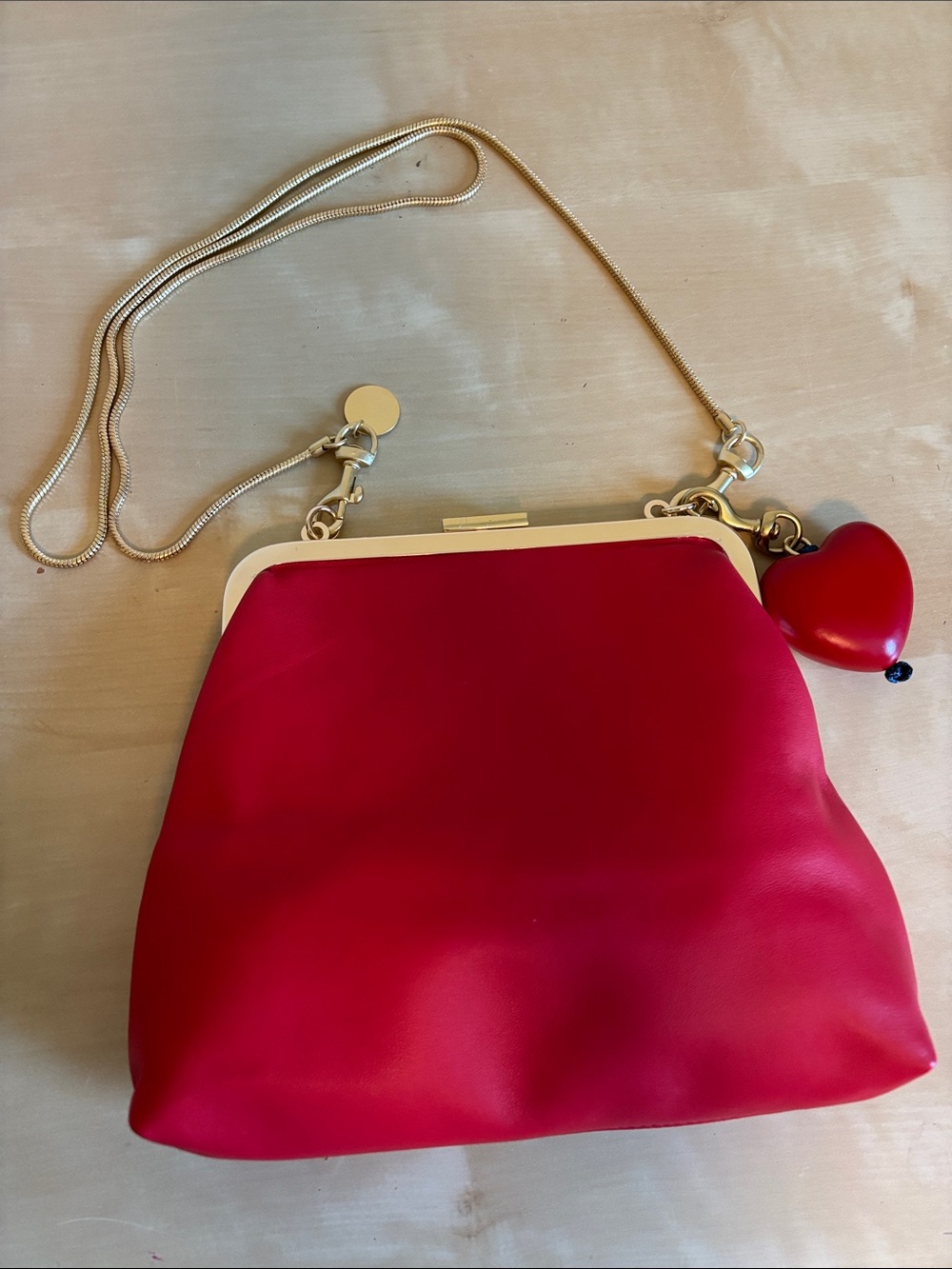 Clare V Flore Red Leather Frame Clutch with Gold Trim and Heart Charm